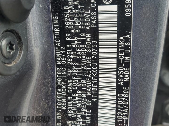 2012 Toyota Camry L with VIN 4T1BF1FKXCU170753, listed as a Copart auction lot 53558125 with 229,867 mi miles and Salvage Title. Bid and sale history available at carsss.com. Image 12.