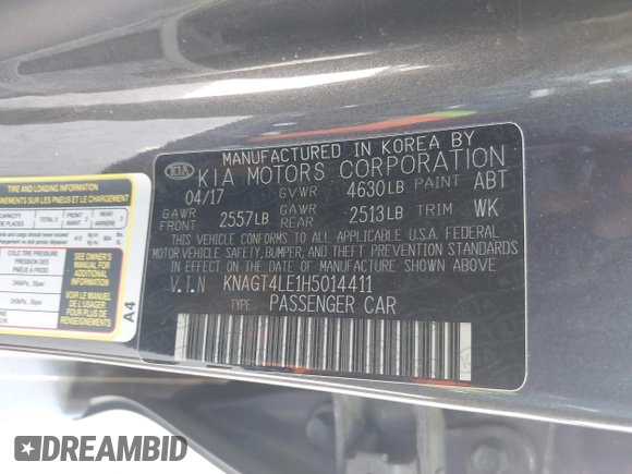 2017 Kia Optima z VIN KNAGT4LE1H5014411, wystawiony jako IAAI lot #41802519 z przebiegiem 194 144 mil mil oraz . Historia ofert i sprzedaży dostępna na DreamBid. Obrazek 9.