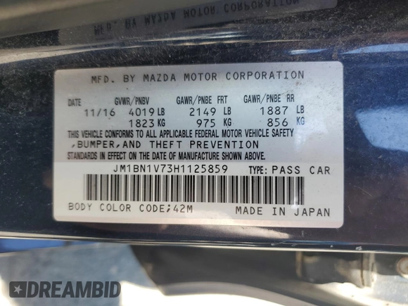 2017 Mazda 3 Touring with VIN JM1BN1V73H1125859, listed as a Copart auction lot 65023235 with 120,300 mi miles and Salvage title. Bid and sale history available at DreamBid. Image 12.