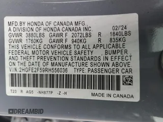 2024 Honda Civic Sport z VIN 2HGFE2F59RH556036, wystawiony jako Copart lot #57328085 z przebiegiem 31 339 mil mil oraz Szkoda całkowita • Salvage title. Historia ofert i sprzedaży dostępna na DreamBid. Obrazek 12.