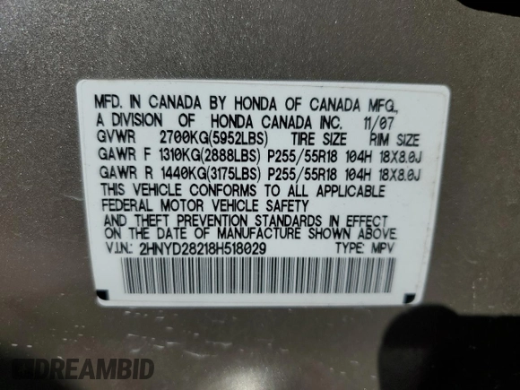 2008 Acura MDX with VIN 2HNYD28218H518029, listed as a Copart auction lot 46839255 with 181,794 mi miles and Salvage Title. Bid and sale history available at DreamBid. Image 13.
