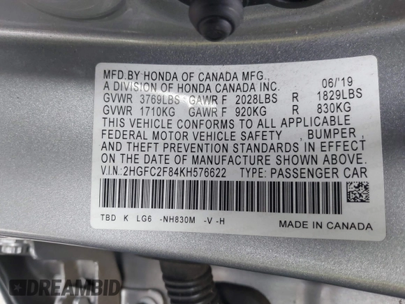 2019 Honda Civic Sport with VIN 2HGFC2F84KH576622, listed as a IAAI auction lot 41494019 with 87,495 mi miles and . Bid and sale history available at DreamBid. Image 9.