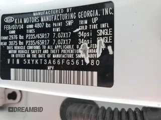 2015 Kia Sorento LX with VIN 5XYKT3A66FG561780, listed as a Copart auction lot 47789405 with 46,635 mi miles and Salvage Title. Bid and sale history available at DreamBid. Image 13.