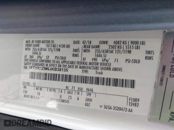 2018 Ford Transit with VIN 1FTYR1ZM6JKB38135, listed as a IAAI auction lot 41536942 with 192,921 mi miles and . Bid and sale history available at carsss.com. Image 9.