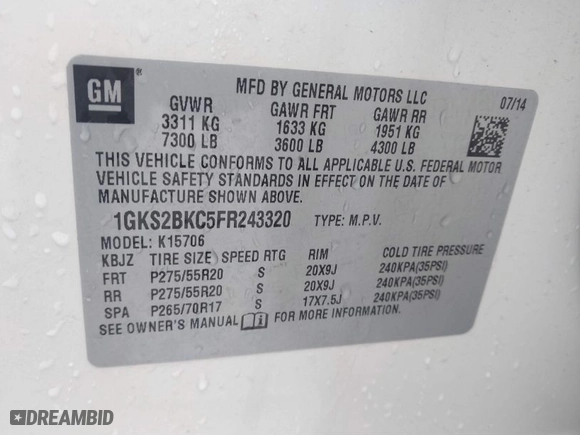 2015 GMC Yukon SLT with VIN 1GKS2BKC5FR243320, listed as a IAAI auction lot 41656459 with 172999 miles. Bid and sale history available at carsss.com. Image 9.