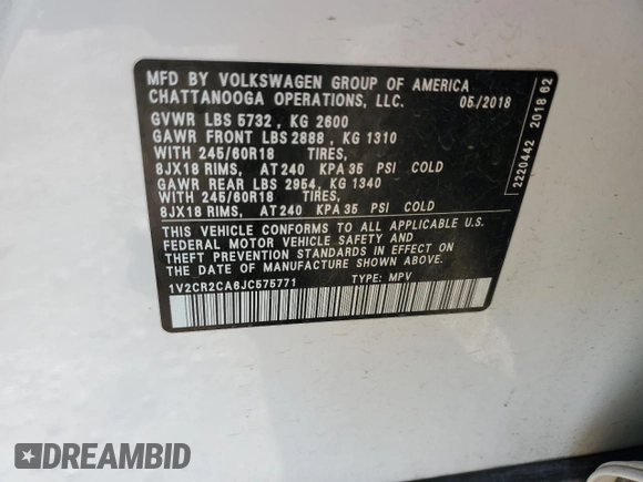 2018 Volkswagen Atlas SE with VIN 1V2CR2CA6JC575771, listed as a Copart auction lot 60574805 with 108,433 mi miles and Salvage title. Bid and sale history available at DreamBid. Image 13.