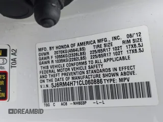 2012 Honda CR-V EX-L with VIN 5J6RM4H71CL060886, listed as a IAAI auction lot 41969581 with 102,269 mi miles and . Bid and sale history available at DreamBid. Image 9.