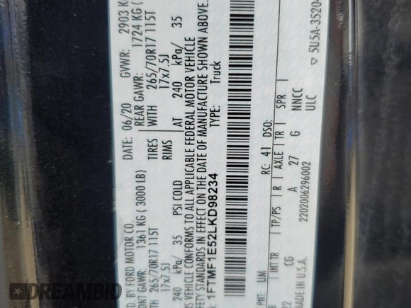 2020 Ford F-150 XL z VIN 1FTMF1E52LKD98234, wystawiony jako Copart lot #50552365 z przebiegiem 51 948 mil mil oraz Szkoda całkowita • Salvage title. Historia ofert i sprzedaży dostępna na DreamBid. Obrazek 14.