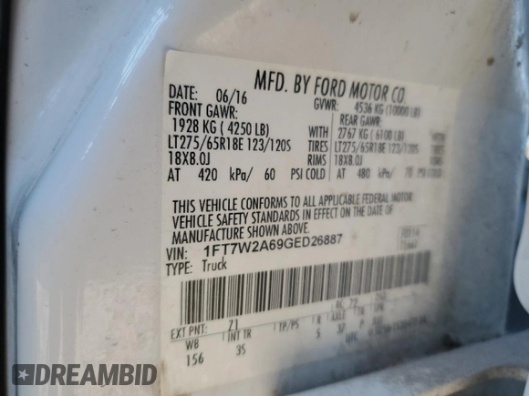 2016 Ford F-250 XL with VIN 1FT7W2A69GED26887, listed as a Copart auction lot 68680204 with Not provided miles and Salvage title. Bid and sale history available at DreamBid. Image 14.