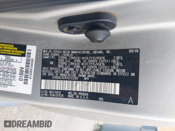 2005 Toyota Sienna CE z VIN 5TDZA23C95S222269, wystawiony jako IAAI lot #42194423 z przebiegiem 282 028 mil mil oraz . Historia ofert i sprzedaży dostępna na DreamBid. Obrazek 9.