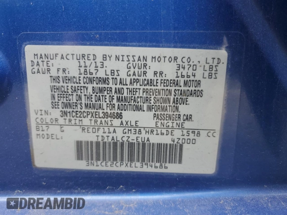 2014 Nissan Note S Plus with VIN 3N1CE2CPXEL394686, listed as a Copart auction lot 53843295 with 149,146 mi miles and Salvage Title. Bid and sale history available at DreamBid. Image 12.