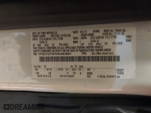 2017 Ford Transit XL with VIN 1FBZX2YM7HKA63901, listed as a IAAI auction lot 42086462 with 143,989 mi miles and . Bid and sale history available at DreamBid. Image 9.