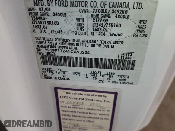 2001 Ford F-150 XL with VIN 2FTPF17Z41CA93204, listed as a Copart auction lot 86637324 with 121,331 mi miles and Salvage title. Bid and sale history available at DreamBid. Image 12.