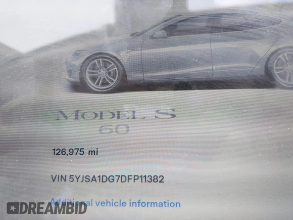 2013 Tesla Model S with VIN 5YJSA1DG7DFP11382, listed as a IAAI auction lot 42056169 with 126,975 mi miles. Bid and sale history available at carsss.com. Image 15.