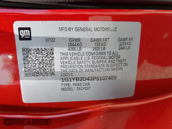 2023 Chevrolet Corvette 2LT z VIN 1G1YB2D43P5107409, wystawiony jako IAAI lot #42106263 z przebiegiem Nie podano mil oraz . Historia ofert i sprzedaży dostępna na DreamBid. Obrazek 9.
