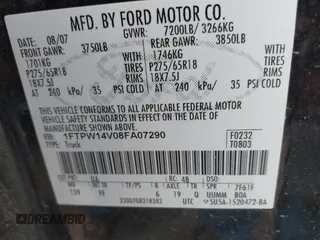 2008 Ford F-150 XLT with VIN 1FTPW14V08FA07290, listed as a IAAI auction lot 42236485 with 162,971 mi miles and . Bid and sale history available at DreamBid. Image 9.