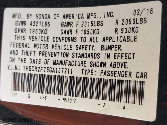 2016 Honda Accord Sedan EX with VIN 1HGCR2F75GA157211, listed as a IAAI auction lot 41733433 with 120,772 mi miles. Bid and sale history available at carsss.com. Image 9.