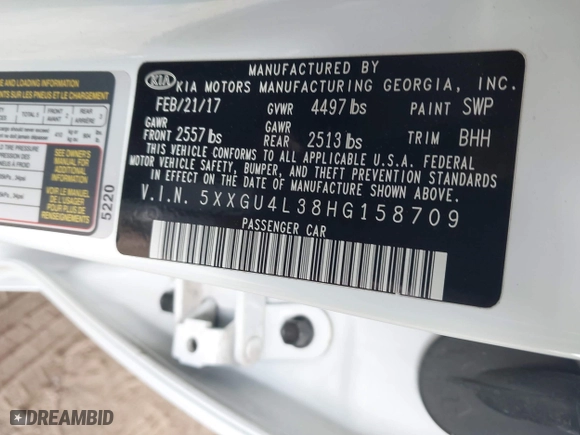 2017 Kia Optima EX with VIN 5XXGU4L38HG158709, listed as a IAAI auction lot 41949488 with 100,965 mi miles. Bid and sale history available at carsss.com. Image 9.