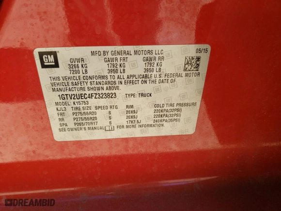 2015 GMC Sierra 1500 SLE with VIN 1GTV2UEC4FZ323823, listed as a Copart auction lot 47125655 with 122,216 mi miles and Salvage Title. Bid and sale history available at carsss.com. Image 12.