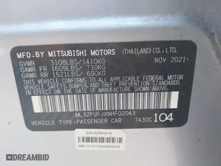 2022 Mitsubishi Mirage G4 ES with VIN ML32FUFJXNHF02043, listed as a IAAI auction lot 41898586 with 52,047 mi miles. Bid and sale history available at carsss.com. Image 9.