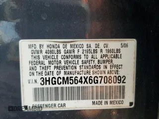 2006 Honda Accord LX with VIN 3HGCM564X6G708092, listed as a Copart auction lot 63560195 with 214,123 mi miles and Salvage title. Bid and sale history available at DreamBid. Image 13.