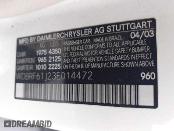 2003 Mercedes-Benz C 240 with VIN WDBRF61J23E014472, listed as a IAAI auction lot 42428277 with 82,489 mi miles and . Bid and sale history available at DreamBid. Image 9.
