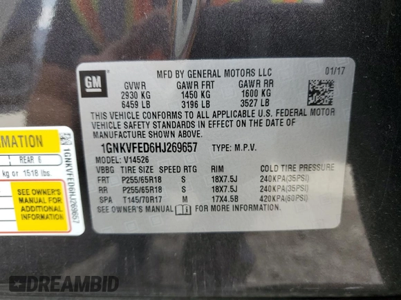 2017 Chevrolet Traverse LS z VIN 1GNKVFED6HJ269657, wystawiony jako Copart lot #57065555 z przebiegiem 46 906 mil mil oraz Szkoda całkowita • Salvage title. Historia ofert i sprzedaży dostępna na DreamBid. Obrazek 14.