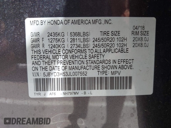 2018 Acura MDX Technology with VIN 5J8YD3H53JL007552, listed as a IAAI auction lot 42648090 with 58,706 mi miles and . Bid and sale history available at DreamBid. Image 9.