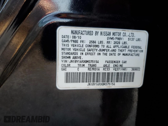 2011 Infiniti M37 with VIN JN1BY1ARXBM375154, listed as a Copart auction lot 77981324 with 124,931 mi miles and Salvage Title. Bid and sale history available at carsss.com. Image 13.
