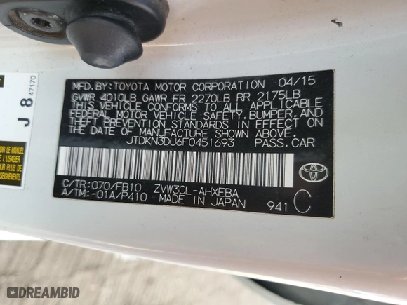 2015 Toyota Prius Four with VIN JTDKN3DU6F0451693, listed as a Copart auction lot 50364275 with 176,052 mi miles and Salvage Title. Bid and sale history available at carsss.com. Image 12.