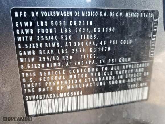 2020 Volkswagen Tiguan SEL Premium R-Line with VIN 3VV4B7AXXLM068664, listed as a Copart auction lot 83243264 with 132,734 mi miles and Salvage Title. Bid and sale history available at carsss.com. Image 15.