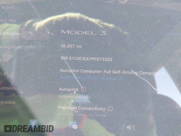 2023 Tesla Model 3 with VIN 5YJ3E1EA7PF673322, listed as a IAAI auction lot 42226767 with 18,367 mi miles and . Bid and sale history available at DreamBid. Image 14.