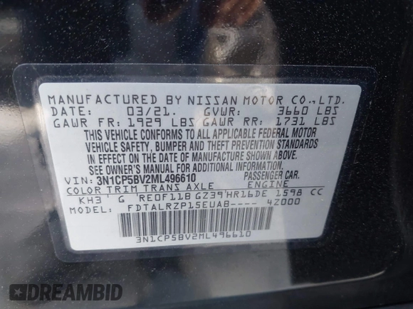 2021 Nissan Kicks S with VIN 3N1CP5BV2ML496610, listed as a IAAI auction lot 42052982 with 59,168 mi miles and . Bid and sale history available at DreamBid. Image 9.