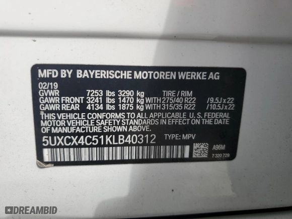 2019 BMW X7 xDrive50i with VIN 5UXCX4C51KLB40312, listed as a Copart auction lot 43534015 with 28,270 mi miles and Salvage Title. Bid and sale history available at carsss.com. Image 14.