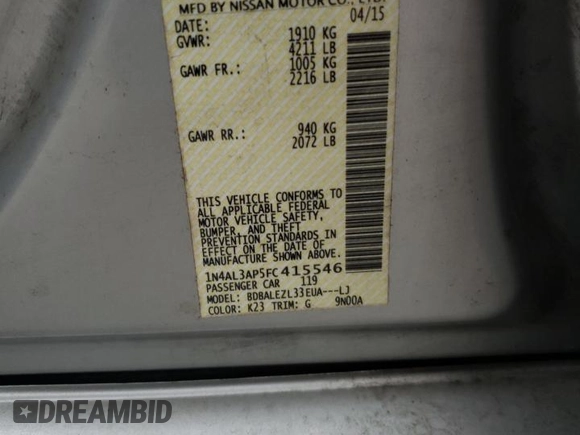2015 Nissan Altima 2.5 S with VIN 1N4AL3AP5FC415546, listed as a Copart auction lot 51370565 with 146,260 mi miles and Salvage Title. Bid and sale history available at carsss.com. Image 12.