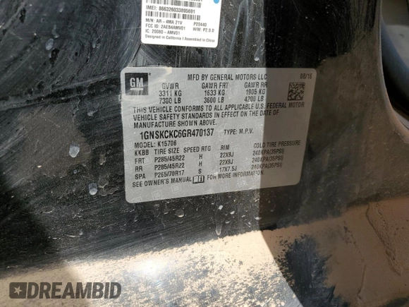 2016 Chevrolet Tahoe LTZ with VIN 1GNSKCKC6GR470137, listed as a Copart auction lot 61127585 with 134,015 mi miles and Clean title. Bid and sale history available at DreamBid. Image 12.