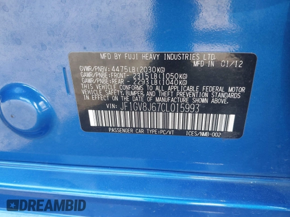 2012 Subaru WRX WRX STI с VIN JF1GV8J67CL015993, выставлен на аукционе IAAI как лот 42399657 с пробегом 137 704 миль миль и . История ставок и продаж доступна на DreamBid. Изображение 9.