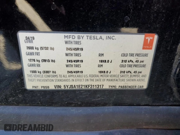 2019 Tesla Model S 75D with VIN 5YJSA1E21KF311317, listed as a Copart auction lot 53268765 with 81,898 mi miles and Salvage title. Bid and sale history available at DreamBid. Image 12.