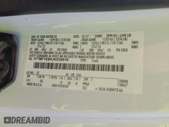 2018 Ford F-150 XL with VIN 1FTMF1EB9JKD38518, listed as a IAAI auction lot 42730627 with 205,804 mi miles and . Bid and sale history available at DreamBid. Image 3.