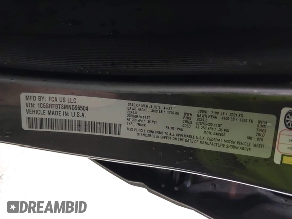 2021 Ram 1500 Big Horn z VIN 1C6SRFBT8MN696504, wystawiony jako IAAI lot #41669093 z przebiegiem 63 356 mil mil oraz . Historia ofert i sprzedaży dostępna na DreamBid. Obrazek 9.