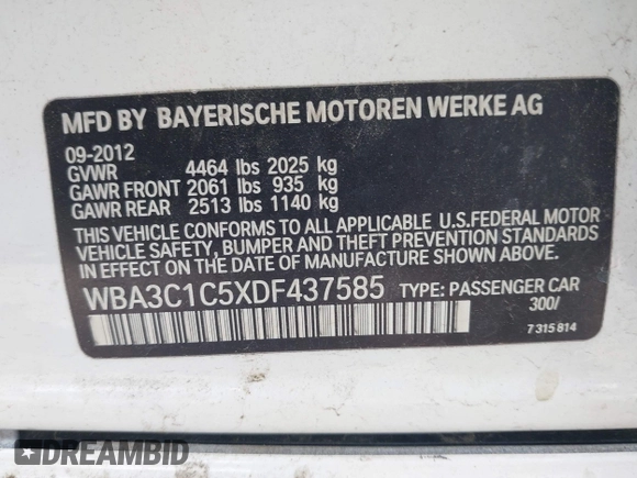 2013 BMW 3 Series 328i with VIN WBA3C1C5XDF437585, listed as a IAAI auction lot 42025388 with 101,963 mi miles. Bid and sale history available at carsss.com. Image 9.