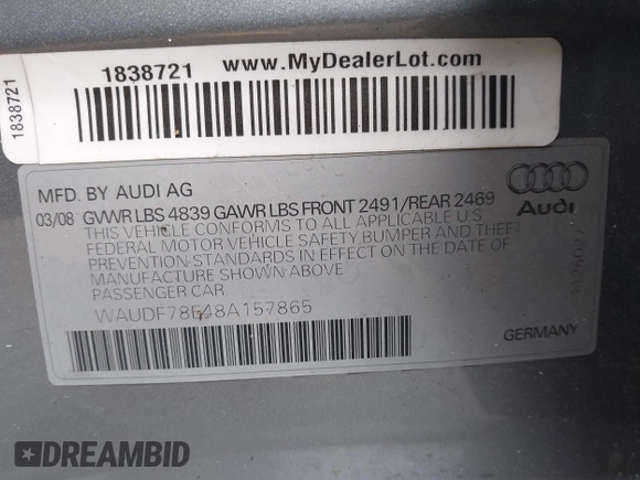 2008 Audi A4 2.0T z VIN WAUDF78E48A157865, wystawiony jako IAAI lot #41748546 z przebiegiem Nie podano mil oraz . Historia ofert i sprzedaży dostępna na DreamBid. Obrazek 9.