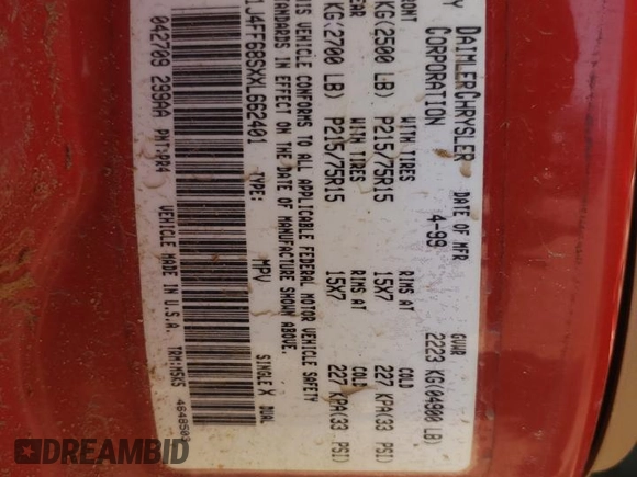 1999 Jeep Cherokee Sport z VIN 1J4FF68SXXL662401, wystawiony jako Copart lot #59698565 z przebiegiem Nie podano mil oraz Szkoda całkowita • Salvage title. Historia ofert i sprzedaży dostępna na DreamBid. Obrazek 12.