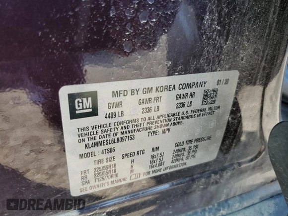 2020 Buick Encore GX Select with VIN KL4MMESL6LB097153, listed as a Copart auction lot 60819435 with 55,715 mi miles and Salvage title. Bid and sale history available at DreamBid. Image 13.