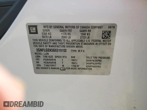 2016 Chevrolet Equinox LTZ with VIN 2GNFLGEK5G6319102, listed as a Copart auction lot 51767095 with 62,823 mi miles and Salvage Title. Bid and sale history available at carsss.com. Image 15.