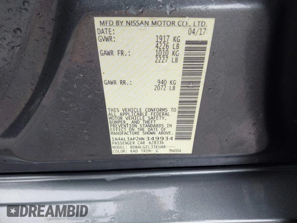 2017 Nissan Altima S with VIN 1N4AL3AP2HN349934, listed as a IAAI auction lot 42457599 with 187,537 mi miles and . Bid and sale history available at DreamBid. Image 9.