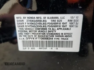 2013 Honda Ridgeline Sport z VIN 5FPYK1F77DB008344, wystawiony jako Copart lot #58704035 z przebiegiem 108 048 mil mil oraz Szkoda całkowita • Salvage title. Historia ofert i sprzedaży dostępna na DreamBid. Obrazek 12.