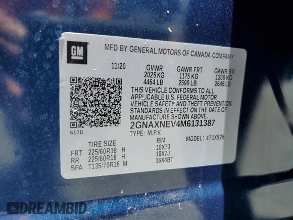 2021 Chevrolet Equinox Premier with VIN 2GNAXNEV4M6131387, listed as a Copart auction lot 56708535 with 37,951 mi miles and Non repairable. Bid and sale history available at DreamBid. Image 14.