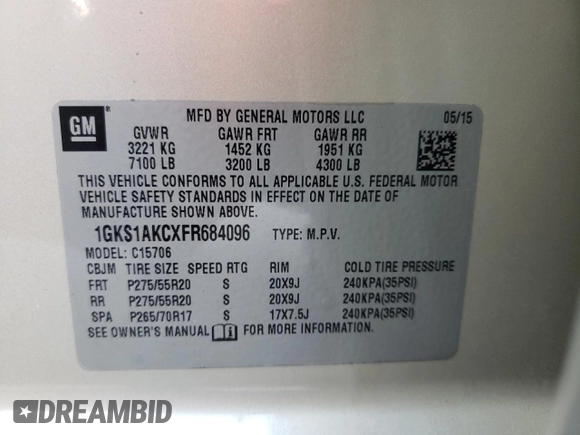 2015 GMC Yukon SLE with VIN 1GKS1AKCXFR684096, listed as a Copart auction lot 58341364 with 0 mi miles and Salvage Title. Bid and sale history available at carsss.com. Image 16.