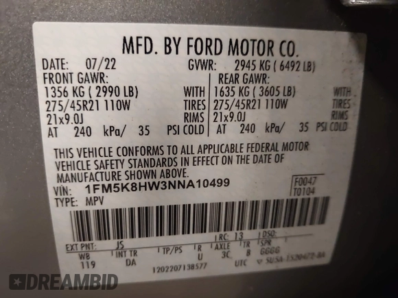 2022 Ford Explorer Platinum с VIN 1FM5K8HW3NNA10499, выставлен на аукционе IAAI как лот 42436872 с пробегом 30 186 миль миль и . История ставок и продаж доступна на DreamBid. Изображение 9.